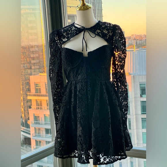 🆕 SELF-PORTRAIT 🧿 BNWOT Black Lace Tie-Neck Minidress, Sz US 6 / UK 10 - Picture 9 of 15